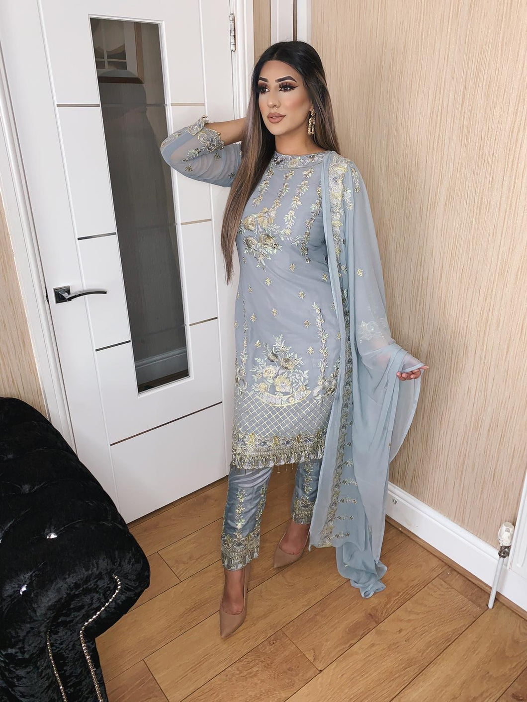 3pc Embroidered Grey Shalwar Kameez Stitched Suit Ready to wear FP-55004-E