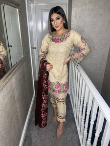 3pc Beige Embroidered Shalwar Kameez with Chiffon dupatta Stitched Suit Ready to wear UQ-1759