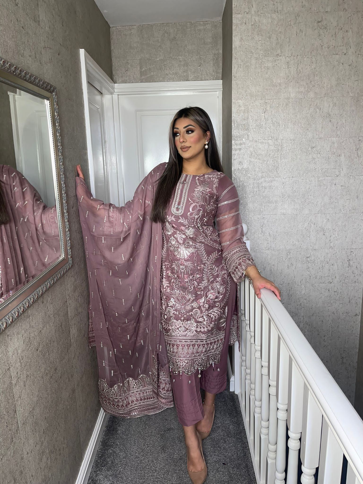 3pc Mauve Embroidered Shalwar Kameez with Chiffon dupatta Stitched Suit  Ready to wear HW-UQ2097