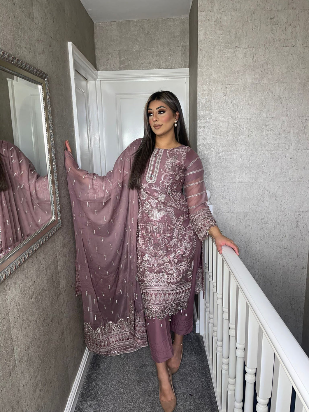 3pc Mauve Embroidered Shalwar Kameez with Chiffon dupatta Stitched Suit Ready to wear HW-UQ2097