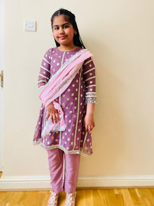 3pc Purple kids chiffon Embroidered Shalwar Kameez with Chiffon dupatta Suit Ready to wear PK-KPURPLE