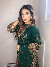 Load image into Gallery viewer, 3pc Green Embroidered Suit with yellow gold fancy trouser Stitched Suit Ready to wear
