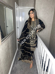 3pc BLACK Embroidered Shalwar Kameez with Chiffon dupatta Stitched Suit Ready to wear HW-KHBLACK