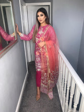 Load image into Gallery viewer, 3pc Pink Embroidered suit with Net Dupatta dupatta Embroidered Stitched Suit Ready to wear KA-PINK
