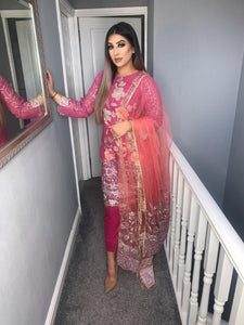 3pc Pink Embroidered suit with Net Dupatta dupatta Embroidered Stitched Suit Ready to wear KA-PINK