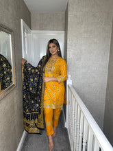 Load image into Gallery viewer, 3 pcs MUSTARD Stitched lawn shalwar Suit Ready to Wear with NAVY Lawn dupatta OB-MUSTARDNAVY
