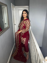 Load image into Gallery viewer, 3pc Maroon Embroidered Shalwar Kameez with Chiffon dupatta Stitched Suit Ready to wear KHA-MAROON
