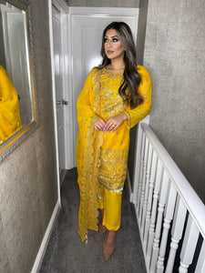 3pc Yellow Embroidered Shalwar Kameez with Chiffon dupatta Stitched Suit Ready to wear GC-YELLOW