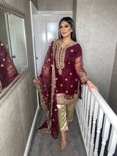 Load image into Gallery viewer, 3pc Maroon Embroidered Shalwar Kameez with Chiffon dupatta Stitched Suit Ready to wear GC-MAROON
