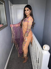Load image into Gallery viewer, 3pc Peach chiffon Embroidered Shalwar Kameez with purple Chiffon Dupatta Stitched Suit Ready to wear UQ-PEACHPURPLR
