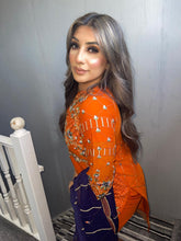 Load image into Gallery viewer, 3pc Orange Embroidered Shalwar Kameez with Navy chiffon dupatta Stitched Suit Ready to wear UQ-ORANGNAVY
