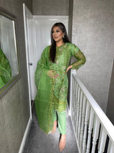 Load image into Gallery viewer, 3pc PARROT GREEN Embroidered Shalwar Kameez with NET dupatta Stitched Suit Ready to wear KH-PARROT
