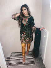 Load image into Gallery viewer, 3pc Green Embroidered Suit with yellow gold fancy trouser Stitched Suit Ready to wear

