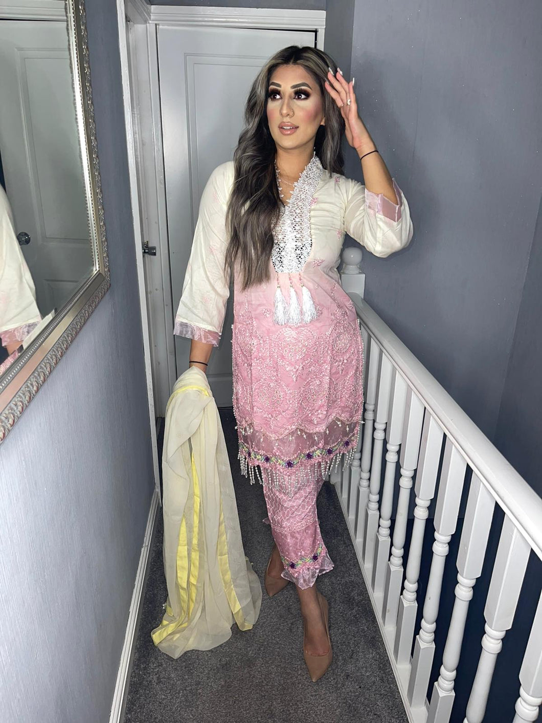 3 pcs Stitched Pink and White lawn shalwar Suit Ready to Wear with chiffon dupatta MB-2111B