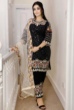 Load image into Gallery viewer, 3pc Black chiffon Embroidered Shalwar Kameez with Net Embroidered Dupatta Stitched Suit Ready to wear KH-BLACK

