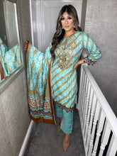 Load image into Gallery viewer, 3 pcs Stitched BLUE shalwar Suit Ready to wear Lilen winter Wear with lilen dupatta NT-54
