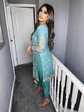 Load image into Gallery viewer, 3pc Sea Blue chiffon Embroidered Shalwar Kameez with Chiffon Dupatta Stitched Suit Ready to wear UQ-SEABLUE
