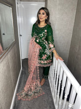 Load image into Gallery viewer, 3pc Bottle Green Embroidered suit with pink net dupatta Embroidered Stitched Suit Ready to wear HW-1652
