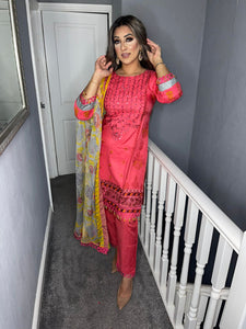 3 pcs Pink Lilen shalwar Suit Ready to Wear with Yellow chiffon dupatta winter MB-1012A