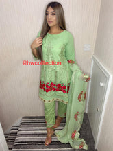 Load image into Gallery viewer, 3pc Embroidered Green peplum dress Shalwar Kameez Stitched Suit Ready to wear
