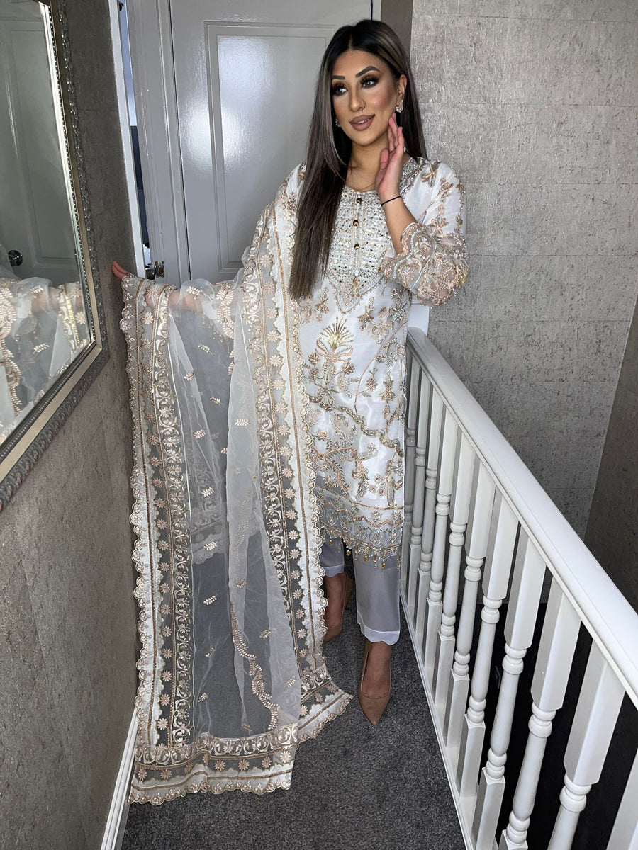 3pc WHITE Embroidered Shalwar Kameez with ORGANZA dupatta Stitched Sui ...