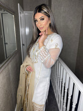 Load image into Gallery viewer, 3pc White net with Gold Embroidery Shalwar Kameez with Gold Organza Dupatta Ready to wear suit HW-WHITEGOLD
