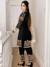 Load image into Gallery viewer, 3pc Black chiffon Embroidered Shalwar Kameez with Net Embroidered Dupatta Stitched Suit Ready to wear KH-BLACK

