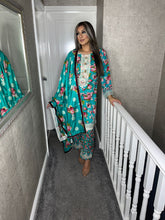 Load image into Gallery viewer, 3 pcs BLUE Lilen shalwar Suit Ready to Wear with chiffon dupatta winter MB-169A
