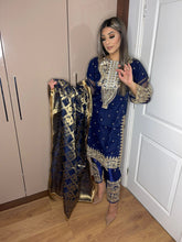 Load image into Gallery viewer, 3pc Navy Net Embroidered suit with Banarsi Dupatta Stitched Suit Ready to wear HW-NETNAVY
