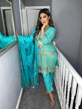 Load image into Gallery viewer, 3 pcs Bright Turquoise Lilen shalwar Suit Ready to Wear with Lilen dupatta winter SS-169B
