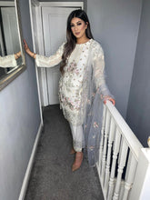 Load image into Gallery viewer, 3pc WHITE Embroidered Shalwar Kameez with Grey Net dupatta Stitched Suit Ready to wear UQ-WHITEGREY
