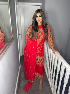 3pc Red Embroidered Shalwar Kameez with Chiffon dupatta Stitched Suit Ready to wear KA-RED