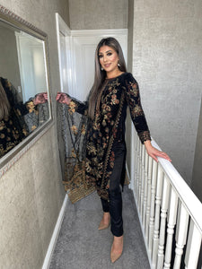 3pc BLACK Velvet Embroidered Shalwar Kameez Stitched Suit Ready to wear HW-5202A