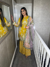 Load image into Gallery viewer, 3pc Yellow Embroidered Ghrara Shalwar Kameez with Tissue dupatta Stitched Suit Ready to wear HW-YELLOWGHRARA
