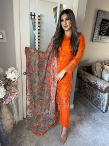 3pc Orange Embroidered Shalwar Kameez with Net dupatta Stitched Suit Ready to wear UNQ-ORANGE