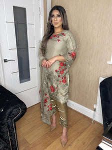3pc Drab chiffon Embroidered Shalwar Kameez with Chiffon Dupatta Stitched Suit Ready to wear UNQ-DRAB