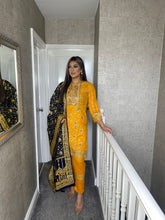 Load image into Gallery viewer, 3 pcs MUSTARD Stitched lawn shalwar Suit Ready to Wear with NAVY Lawn dupatta OB-MUSTARDNAVY
