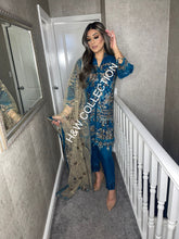 Load image into Gallery viewer, 3pc Sea Blue Embroidered Shalwar Kameez with Chiffon dupatta Stitched Suit Ready to wear HW-SEABLUE
