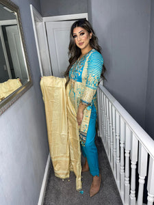 3 pcs Sky Blue Lilen shalwar Suit Ready to Wear with Lilen dupatta winter SS-173B