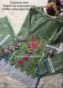 3 pcs Stitched Charizma inspired Green Lilen shalwar Suit Ready to wear Shafili Lilen winter Wear with chiffon dupatta