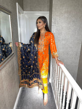 Load image into Gallery viewer, 3 pcs Stitched lawn Orange shalwar Suit Ready to Wear with Dark Blue Lawn dupatta OB-ORANGEBLLUE
