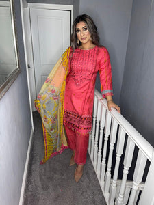 3 pcs Pink Lilen shalwar Suit Ready to Wear with Yellow chiffon dupatta winter MB-1012A