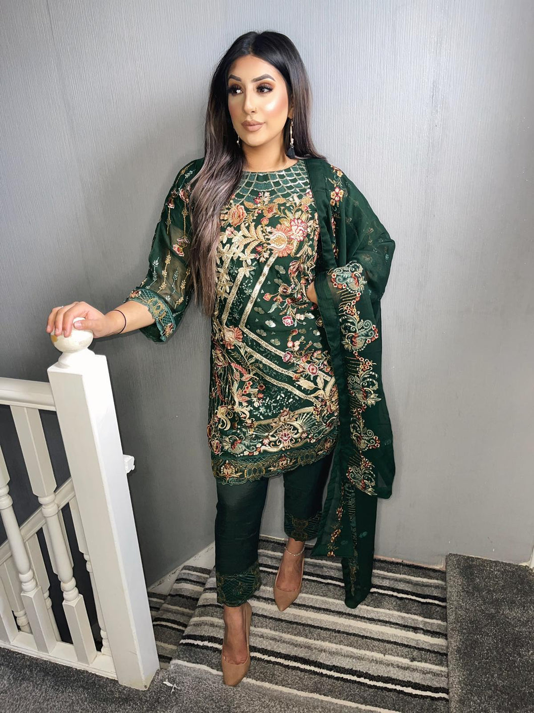 3pc Dark Green Embroidered suit with chiffon dupatta Embroidered Stitched Suit Ready to wear HW-DARKGREEN