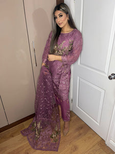 3pc Purple Embroidered Shalwar Kameez with Net dupatta Stitched Suit Ready to wear HW-1780
