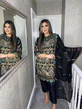 Load image into Gallery viewer, 3pc BLACK Embroidered Shalwar Kameez with Chiffon dupatta Stitched Suit Ready to wear HW-DT96
