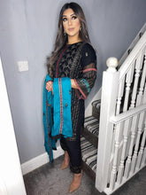 Load image into Gallery viewer, 3pc Black chiffon Embroidered Shalwar Kameez with Blue Chiffon Dupatta Stitched Suit Ready to wear UQ-BLACKBLUE
