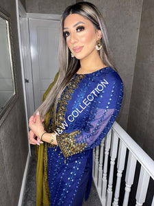 3pc NAVY Embroidered Shalwar Kameez with Olive Chiffon dupatta Stitched Suit Ready to wear AN-NAVYOLIVE