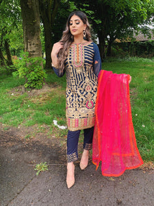 3pc Navy Embroidered suit with Pink Net dupatta Embroidered Stitched Suit Ready to wear