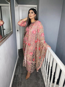 3pc Pink Embroidered suit with Embroidered Net dupatta Suit Ready to wear KHA-PINK