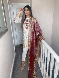 3pc White chiffon with Gold Embroidery Shalwar Kameez with Organza Dupatta Stitched Suit Ready to wear